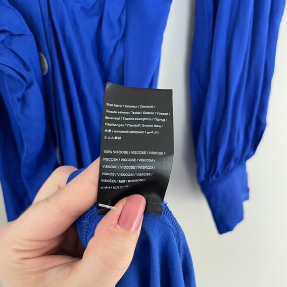 Farm Rio Cobalt Blue Knotted Waist Long Sleeve Midi Dress Size Medium - Picture 4 of 8